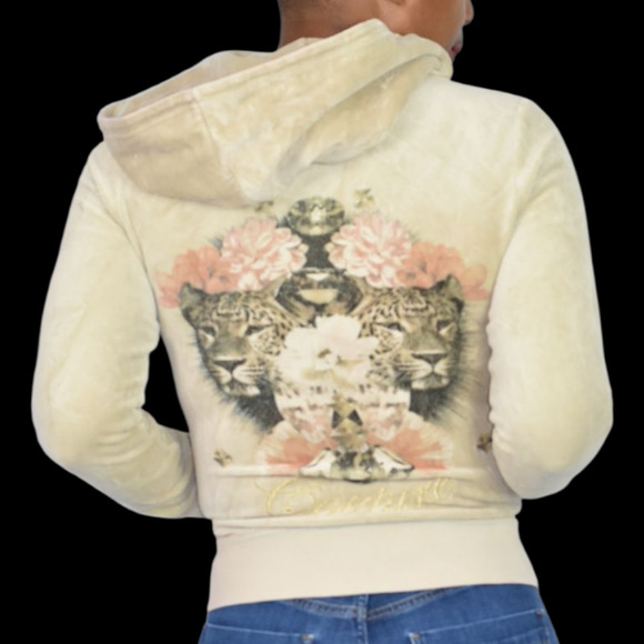 Juicy Couture Velour Hoodie Beige Y2K Jacket Leopard Diamond Airbrush Logo Small - Picture 1 of 16